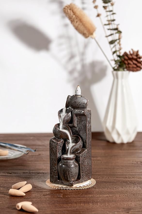 Unique Cascading Basins Ceramic Waterfall Incense Holder, Paired with a Pack of Backflow Incense Cones. (Metallic)