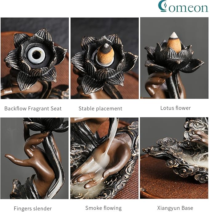 Comeon Backflow Incense Burner Handmade Resin Waterfall Incense Holder Ruyi Zen Hand Incense Waterfall Burner Home Decor + 20 Backflow Incense Cones 30 Incense Sticks 1 Tweezer 1 Mat