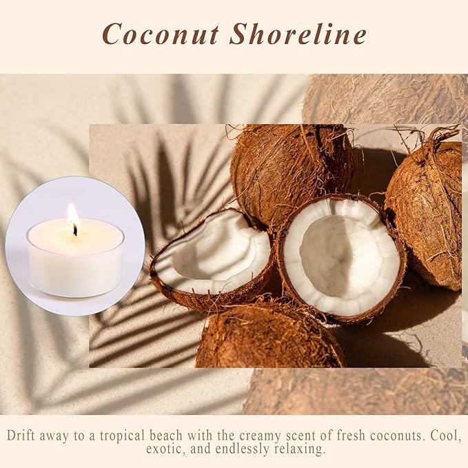 Scented Tea Lights Candles, Coconut Shoreline, 48 Pack – White Scented Tealight Candles – 100% Palm Wax, 6 Hour Burn Aromatherapy Tea Light Votive Candle for Spa Gift Sets, Relaxation, Bath