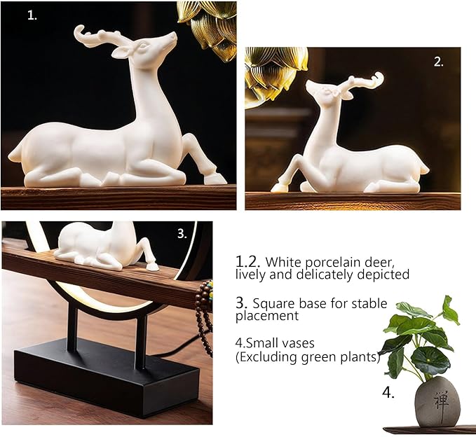 Deer Statue Backflow Incense Burner,Backflow Lotus Heart Incense Burner, Incense Waterfall Fountain Holder,with Adjustable LED Light Ring, USB Powered, Compatible with Cone and Stick Incense