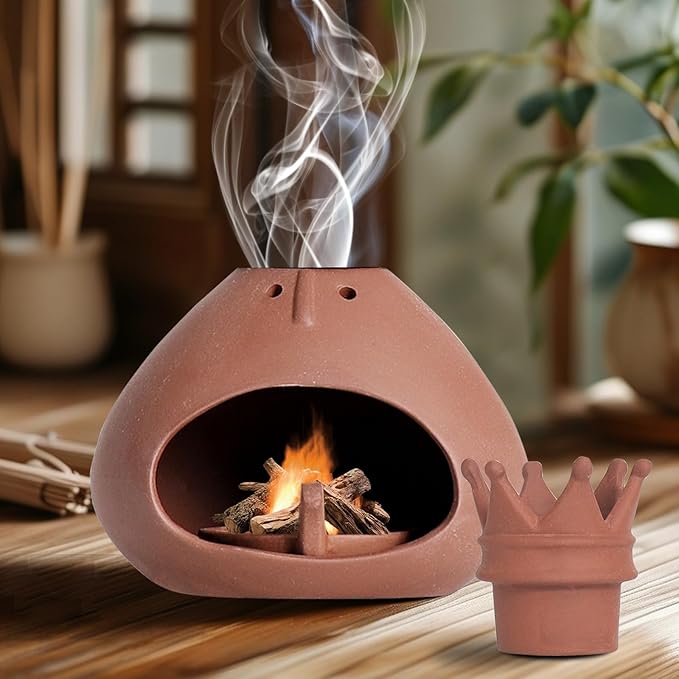 Palo Santo Holder Terracotta Incense Burner Clay Chiminea Furnace with Chimney for Palo Santo Sticks, Sage Ash Catcher, Cone Incense Burning, Essential Oil, Gift for Yoga, Relaxation, Meditation