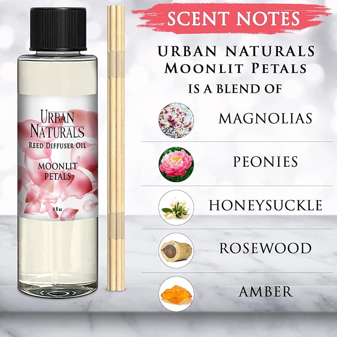 Urban Naturals Moonlit Petals Scented Oil Reed Diffuser Refill | Includes a Free Set of Reed Sticks! Magnolias, Peonies, Daisies, Honeysuckle, Pear & Rosewood | 4 oz