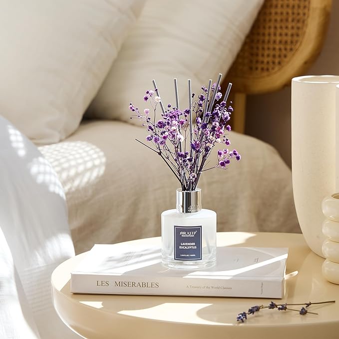 Airkeep Reed Diffuser Set,3.38 fl oz (100 ml) - Lavender Eucalyptus Oil Diffusers with 8 Reed Sticks, Home Fragrance Reed Diffuser for Bathroom Shelf Decor