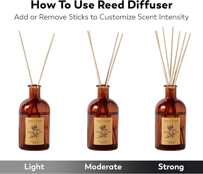 Craft & Kin Lily & Jasmine Diffuser Reed Diffuser | All Natural Essential Oil & 8 Rattan Scent Sticks | Reed Diffusers for Home, Bathroom | Long Lasting Home Fragrance in Amber Glass, 5.75oz