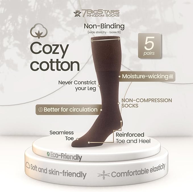 7BigStars Men Diabetic Loose Dress Business Cotton Mid Calf Socks - 5 Pack Big Tall - Solid Casual - Sock Size 13-15 Shoe Size 12-15 XL Brown