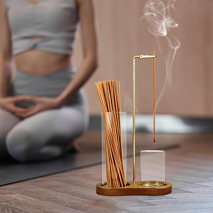 2 in 1 Incense Holder for Sticks, Anti-Ash Flying Incense Burne with Glass Ash Catcher and Incense Sticks Organizer for Meditation Yoga Spa Home Decor (Dark Base)