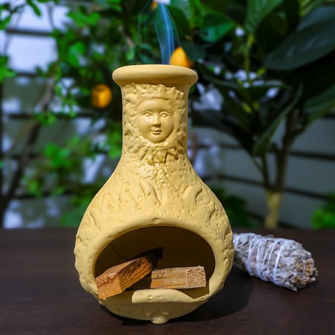 Palo Santo Burner Holder,Yellow Mini Chiminea with Chimney Handmade Smudge Bowl fits sage, Incense Cones, Sticks, Small Candle; with ash Collection. Great for Zen Meditation, Altar Fireplace