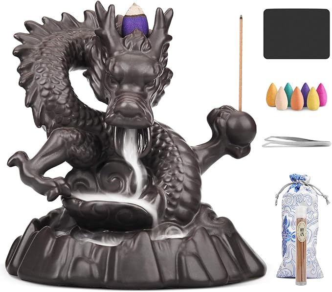 Ceramic Dragon Backflow Incense Holder Waterfall Incense Burner, Smoke Incense Holder, with 70 Backflow Incense Cones + 50 Incense Stick, 1 Mat, 1 Tweezers Home Decor (Brown-Dragon)
