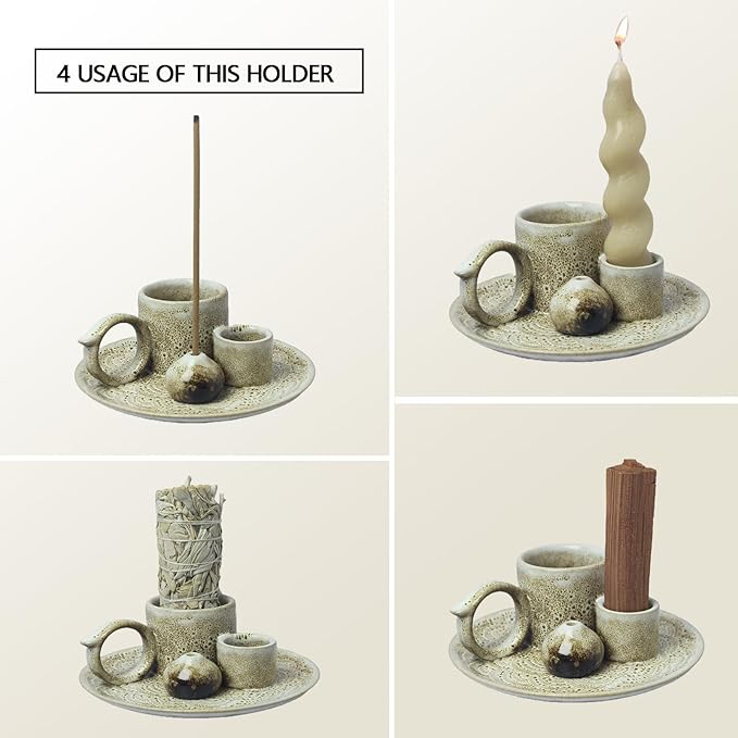 4 in 1 Incense Burner Holder for Sticks, Palo Santo Sticks Holder, Candle and Sage Holder for Burning Ceramic Ash Catcher Tray for Meditation Yoga Room Home Decor (Gray)