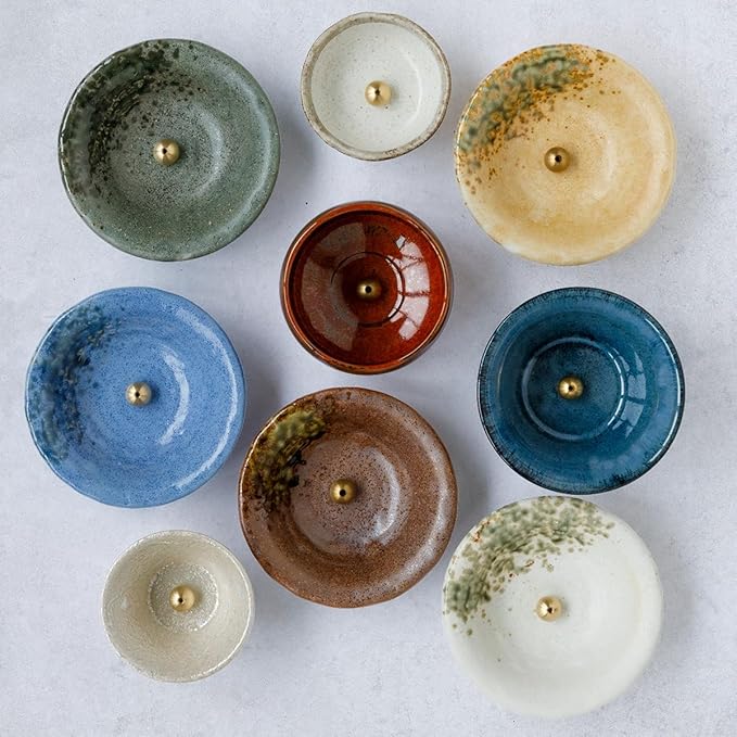 Asayu Japanese Small Mini Incense Holder for Sticks 3.3 inch (83mm), Made in Japan Ceramic Ash Catcher and Brass Incense Burner Set for Yoga, Meditation (Small Pearl Incense Holder)