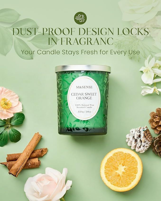 M&SENSE Cedar Orange Candles, Wooden Wick Strong Scented Candle, 100 Hours Long Burning No Toxin Natural Soy Wax 18oz, Cozy Air Purifying Relaxing Home Fragrance, Housewarming Gifts for Her Him