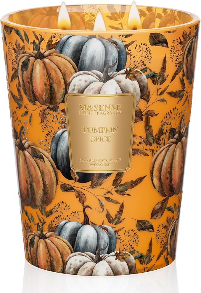 M&SENSE Pumpkin Spice Scented Candle, 3 Wick 35oz 150H Long Lasting Soy Candles, Fall Scent Unique Halloween Gifts Home Decor