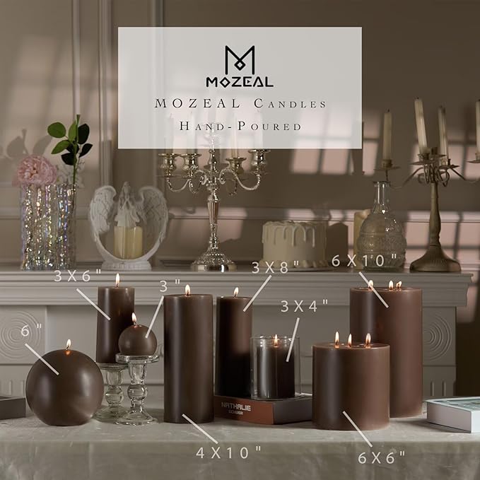MOZEAL 3" x 8" Hand-Poured Unscented Large Candle, Smokeless Rustic Pillar Candle Set of 2, Slow Burn, No Drip, Approx 150 Hours Burning, Wedding, Winter and Home Decorative, Tall Taupe Gray Candle