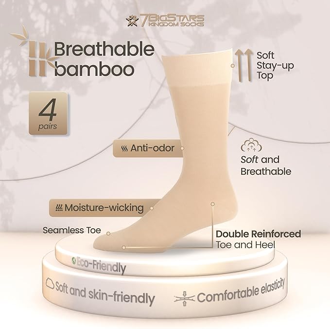 7BigStars Mens Dress Socks – 4 Pack Bamboo Crew Fit, Solid or Patterned, Thin Seamless Breathable Business
