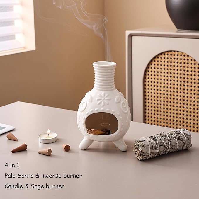 Ceramic Palo Santo Holder - Small Chiminea Incense Burner for Meditation, Energy Cleansing, | Palo Santo Holder for lncense Burner,Candle,Sage Burner | lder Gifts for Meditation & Yoga