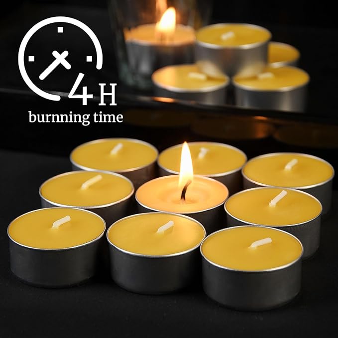 48 Pack Beeswax Tealight Candles Bulk,Pure Natural Bees Wax in Aluminum Shell - 4 Hour Extended Burn Time,Smokeless Tea Light Candles for Home Deco,Table centerpieces