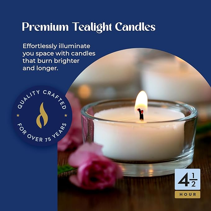 Lerner Tealight Candles, 200 Count | 4.5 Hour Long-Burning White Tea Lights | Non-Toxic, Smokeless & Soot-Free