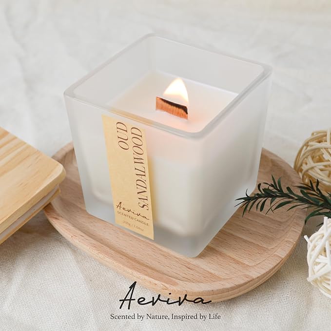 Scented Candle, 7.04 oz Oud Sandalwood Aromatherapy Candle, Natural Soy Wax with Wooden Wick, Candles for Home, 45 Hours Burn Time, Scented Jar Candle Gifts
