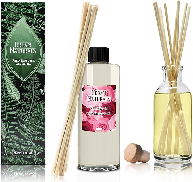 Urban Naturals Reed Diffuser Oil Refill Red Roses with White Peony, Cashmere Wood 8 oz + Free Reed Sticks, Made in The USA