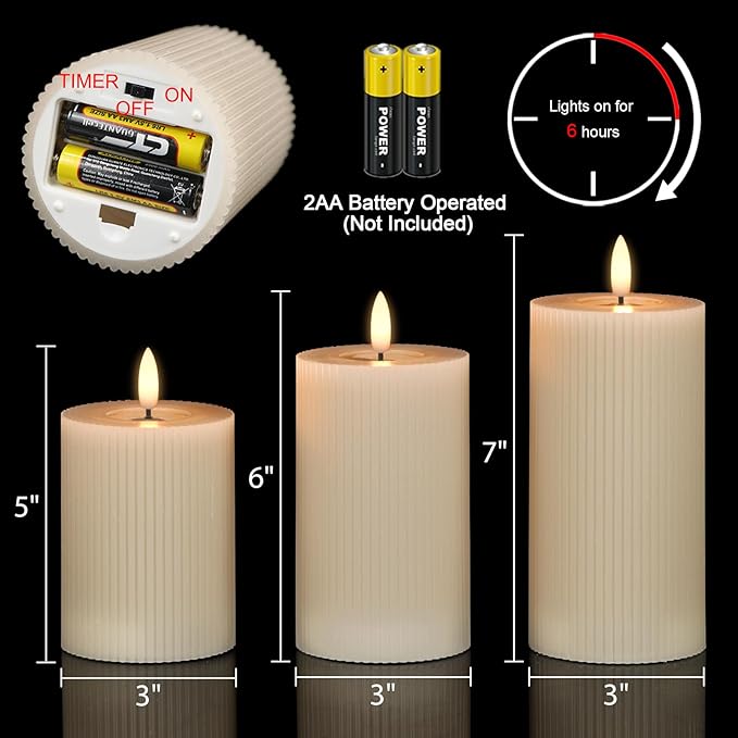 Real Wax Flameless Candles with 6hrs Timer, Battery Led Pillar Candles Flickering 3D Wick Pack of 3 Striped Candles, Party Dinner Home Decor House Warming, Light Gray Φ 3" H 5" 6" 7"