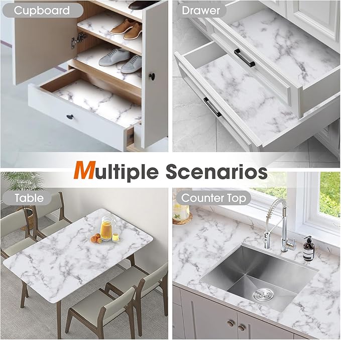Drawer and Shelf Liner, Non-Slip Kitchen Cabinet Liners Non-Adhesive Thick Strong Grip Waterproof Washable Mats Protect Dresser Shelves Cupboard Bathroom Cabinets, White Marble, 18 in X 20 FT