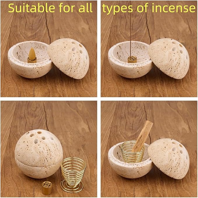 Handmade Travertine Stone Incense Resin Burner Holder – Natural Stone Incense Burner with Brass Insert for Home Decor & Relaxation
