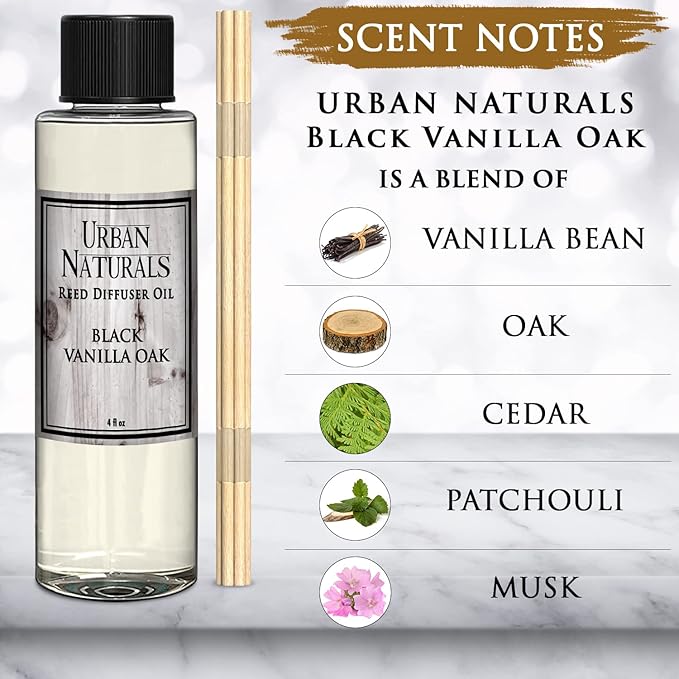 Urban Naturals Black Vanilla Oak Scented Oil Reed Diffuser Refill. Free Set of Reed Sticks, with Warm Vanilla, Oak, Cedar, Patchouli and Musk Scent Notes. A Sensual, Aromatic Home Fragrance, 4 oz