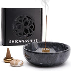 Marble Incense Holder Bowl with Brass Burner – Natural Hand-Polished Stone Incense Burner for Sticks, Cones, Palo Santo & Sage – Ash Catcher for Meditation, Yoga & Home Decor