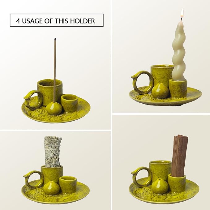 4 in 1 Incense Burner Holder for Sticks, Palo Santo Sticks Holder, Candle and Sage Holder for Burning Ceramic Ash Catcher Tray for Meditation Yoga Room Home Decor (Yellow)