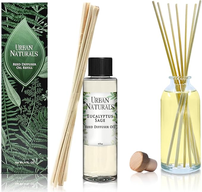 Urban Naturals Eucalyptus & Sage Oil Reed Diffuser Refill and Reed Sticks | Eucalyptus, Sage, Mint, Lime and Cedarwood, 4 oz (2 Pack)