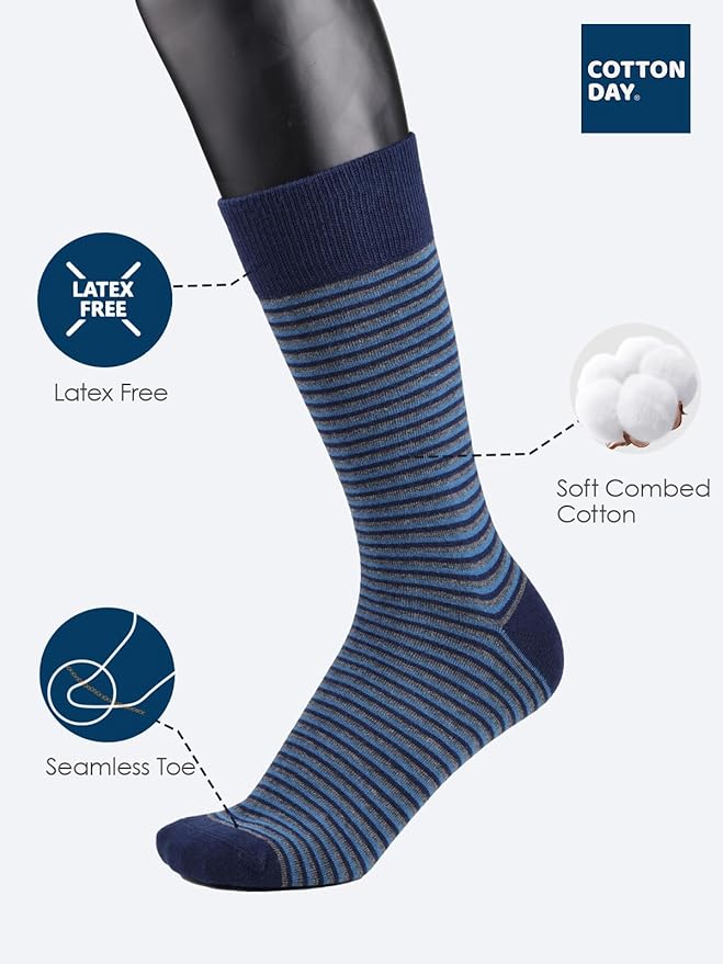 COTTON DAY Men's Premium Soft Combed Cotton Trouser Dress Socks Seamless Toe Black Navy Blue Striped