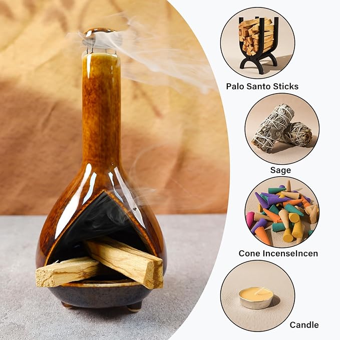 Premium Ceramic Palo Santo Holder - Mini Chiminea for Sage & Incense - High-Temperature (1200°C) Cleansing Design for Energy Purification - Perfect for Yoga, Meditation, and Aromatherapy