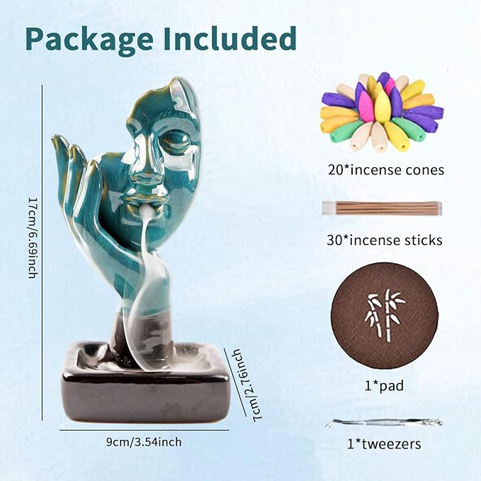 YYW Ceramic Incense Holder,Meditative Backflow Waterfall Incense Burner,Face Thinking Incense Waterfall with 20 Backflow Incense Cones + 30 Incense Stick for Women Men Room Decor