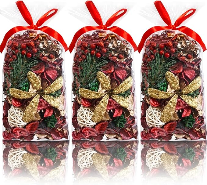Christmas Potpourri Bags, Cinnamon Apple Scented Red Potpourri Bowl Filler,Red Decorative Dried Flowers,Home Fragrance Sachet, Vase Fillers,(3 bags/20 oz)