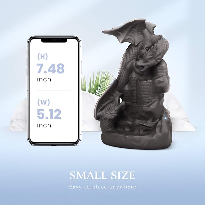 Ceramic Dragon Backflow Incense Holder Waterfall Incense Burner, Smoke Incense Holder, with 70 Backflow Incense Cones + 50 Incense Stick, 1 Mat, 1 Tweezers Home Decor (Brown-Light Dragon)