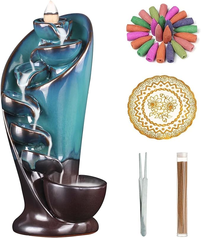 1 Pack Ceramic Incense Burner Waterfall, with 20 Cones and 30 Fragrance Sticks, Backflow Incense Burner Holder, Waterfall Torch Incense Burner, Smoke Fountain, for Room Office Aromatherapy Ornament