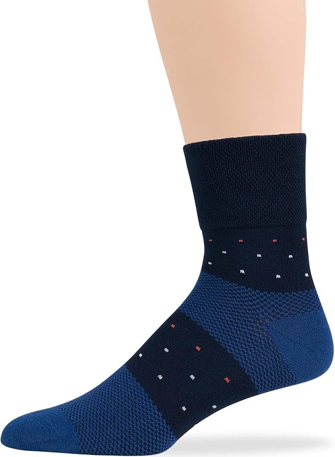 7BIGSTARS KINGDOM Men's Diabetic Extra Wide Fashion Cotton Quarter Socks - 5 Pack - Geometric, Stirpe, Dot Pattern- Sock Size 10-13 Shoe Size 9-12 L Navy Blue, Denim Blue, Orange