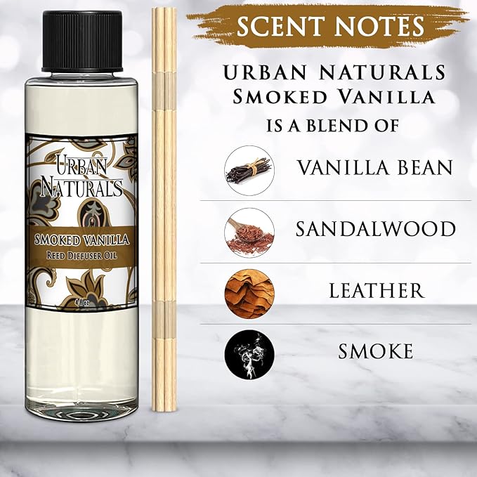 Urban Naturals Smoked Vanilla Scented Oil Reed Diffuser Refill with Free Set of Reed Sticks! A Vanilla Bean, Sandalwood & Leather Scent, 4 oz