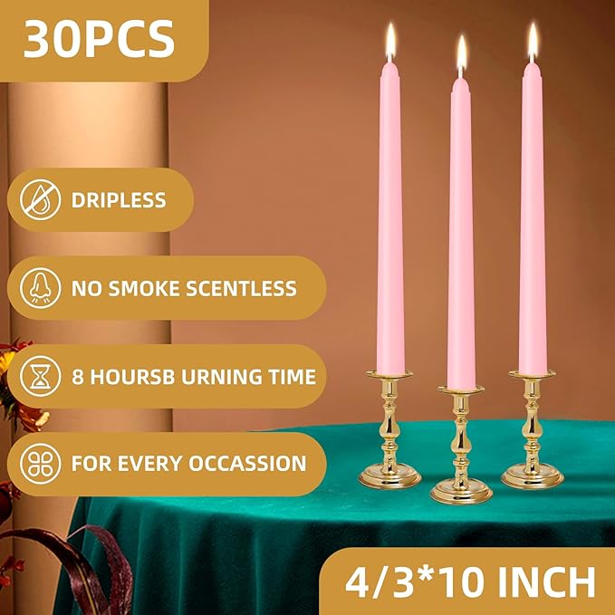 30 Pack Pink Taper Candles - Taper Candles 10 Inch Dripless, Smokeless & Unscented - 8 Hours Long Burning - Ideal for Weddings, Dinner Parties, and Home Decor