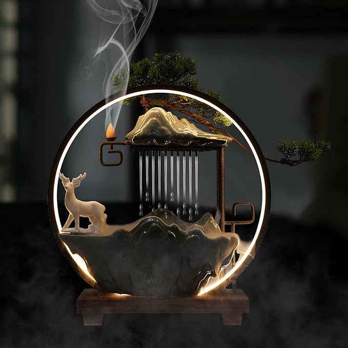 Backflow Incense Holder with Water Fountains and LED Light, Rockery, Deer and Plants Perfect for Relaxing or Home Decor (Deer witn Rockery)