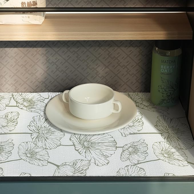 Shelf Liner for Kitchen Cabinets Non Adhesive Kitchen Drawer Liner,Non-Slip Lotus Cabinet Liner Shelf Paper,Pantry Shelf Liners for Cabinets Dresser Cupboard Liner Decorative 15.7In x 10FT