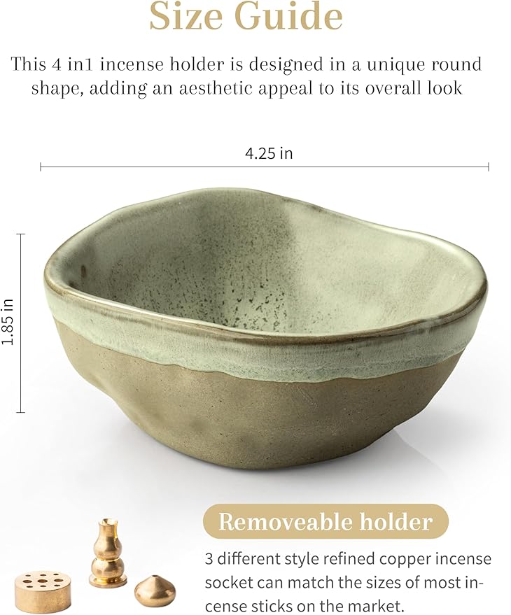 Incense Holder with 3 Incense Sockets, 4 In 1 Incense Burner Holder 4.25 Inch Incense Holder for Sticks, Ceramic Incense Stick Holder for Palo Santo, Cone Incense, Meditation, Yoga, Sage Green