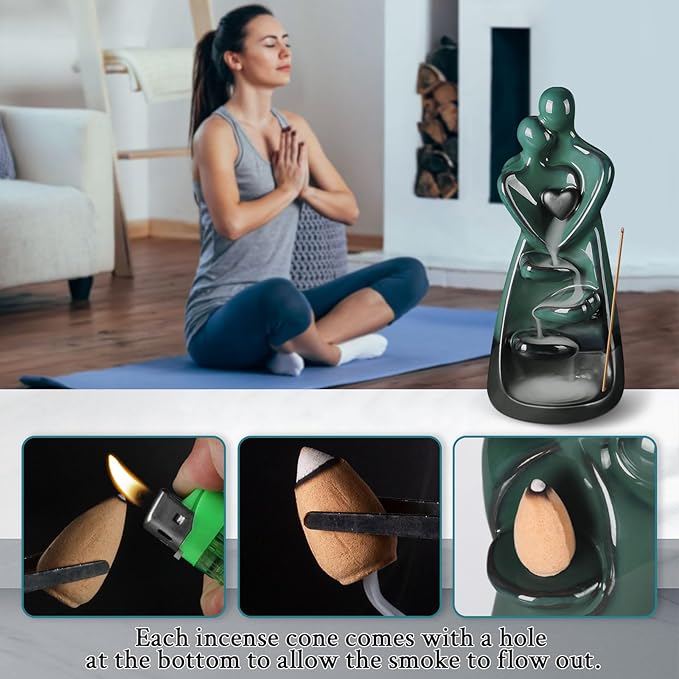 Ceramic Incense Burner, Waterfall Lovers Incense Holder with 30 Incense Sticks 20 Incense Cones, Creative Incense Waterfall Ornament, Backflow Incense Burner Holder, Zen Garden Meditation Home Decor