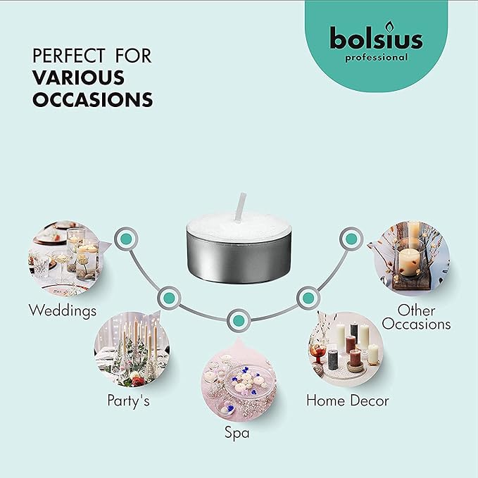 BOLSIUS Tea Lights Candles - Pack of 200 White Unscented Candle Lights with 6 Hour Burning Time - Tea Candles for Wedding, Home, Parties, and Special Occasions