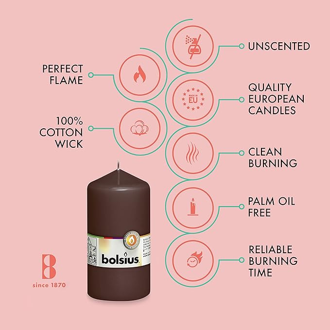 BOLSIUS 8 Maroon Pillar Candles - 2.75 x 5 Inches - Premium European Quality - Individually Wrapped - 43 Hours Burn Time - Dripless & Smokeless - Unscented Dinner, Wedding, Party, & Restaurant Candles