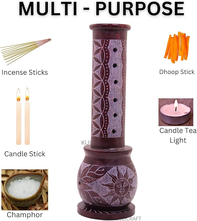 Marble Handmade Soapstone Red Incense Stick Holder | Candle Burner | Tea Light Holder - Round Jaali Carving for Gifting. Decorative Home and Office Decor - (2.5 x 2.5 x 10 Inches)