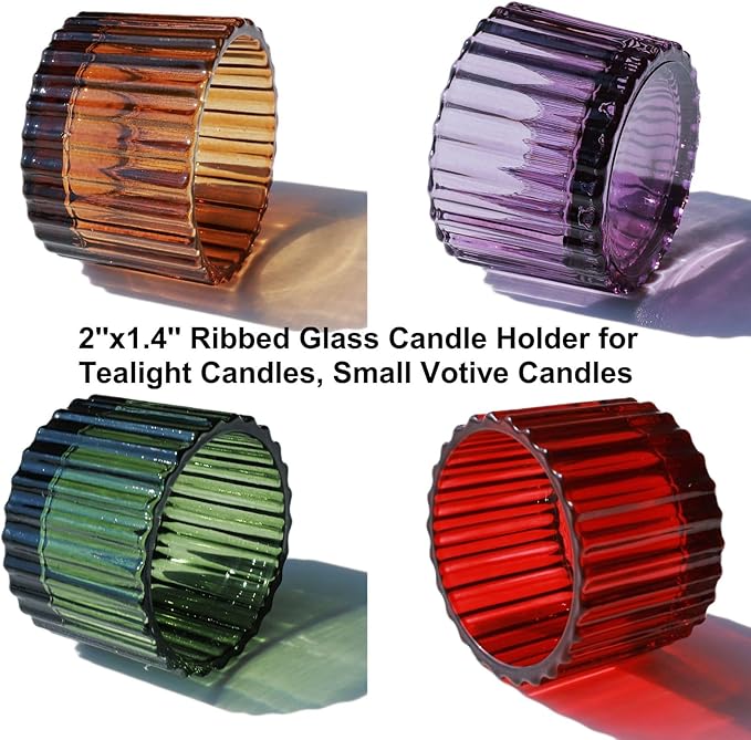 VOHO 4 Colors Tealight Candle Holder Fall Decor Set of 12, Votive Candle Holders for Table Centerpiece, Ribbed Tea Light Candle Holder Glass for Halloween/Thanksgiving/Christmas Decorations/Gifts
