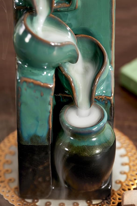 Unique Cascading Basins Ceramic Waterfall Incense Holder, Paired with a Pack of Backflow Incense Cones. (Blue)