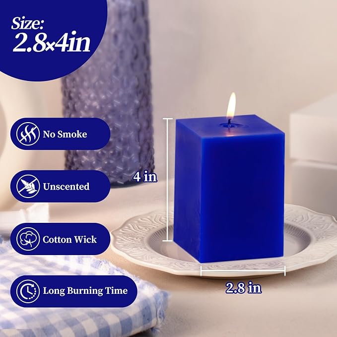 KONNI Square Classic Blue Pillar Candles Set of 3, 2.8"x 4" Unscented Pillar Candles Bulk, 30 Hours Long Burning Candles, Smokeless Dripless Large Candle for Wedding, Home Decoration, Parties, Spas