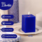 KONNI Square Classic Blue Pillar Candles Set of 3, 2.8"x 4" Unscented Pillar Candles Bulk, 30 Hours Long Burning Candles, Smokeless Dripless Large Candle for Wedding, Home Decoration, Parties, Spas